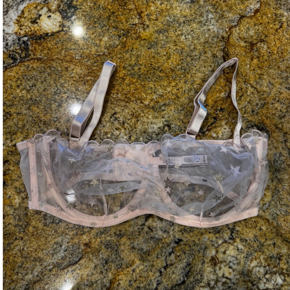 Victoria's Secret Pink Star Embroidered Sheer Mesh Balconette Bra 38D NWT